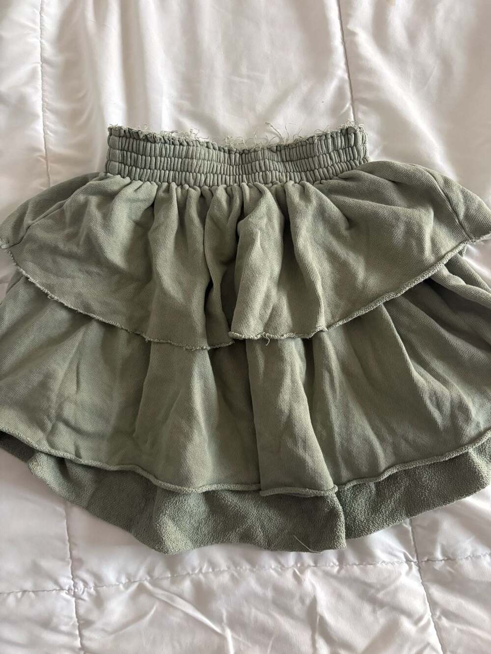 Aerie Sage Green Tiered Ruffle Mini Skirt with Distressed Trim